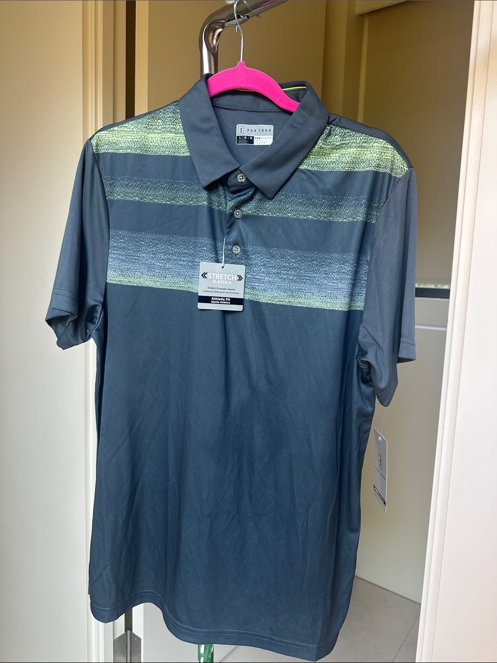 PGA Tour Men's Dark Gray Polo with Lime Green Stripe Accent